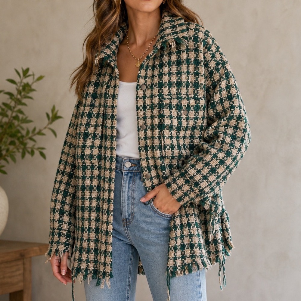 Cloud Ten Green Houndstooth Tweed Fringe Shacket Jacket Small E1